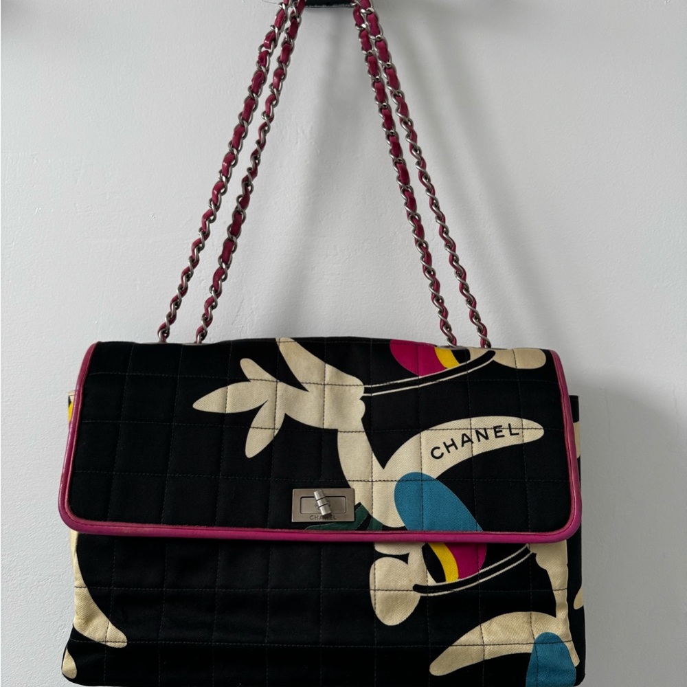 Chanel flap canvas quilted chocolate bar in black with colorful accents